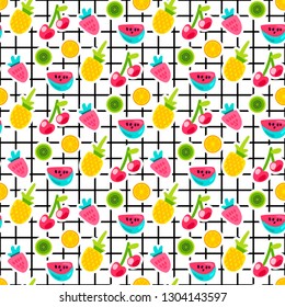 Fruits patches seamless vector pattern. Kiwi, watermelon, strawberry stickers on grid background