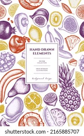 Fruits pattern card design. Hand drawn bananas, pears, kiwi etc.