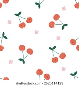 Fruits pattern, cute fruits with face, kids pattern, summer seamless pattern, cherry fruit