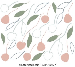 Fruits pattern. Hand-drawn illustration. Fruits and leaves on white background. Design for wallpaper, textile, modern print.