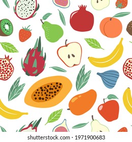Fruits pattern. Juicy pear, apple and banana, kiwi and strawberry, peach and pomegranate natural farm product seamless vector texture. Tasty organic food with vitamins for fabric, wrapping paper