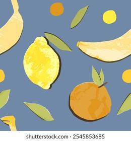Patrón de frutas. Naranja, limón, puntos de plátano y hojas Cortar fuera del papel como. Vector con textura y sombra.