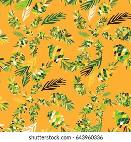 Fruits pattern with  pine apple, palm leaves. Hand drawn colorful vector seamless background for textile for book covers, manufacturing, wallpapers, print, gift wrap and scrapbooking.  Summer theme. 
