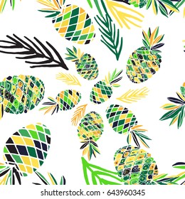 Fruits pattern with  pine apple, palm leaves. Hand drawn colorful vector seamless background for textile for book covers, manufacturing, wallpapers, print, gift wrap and scrapbooking.  Summer theme. 