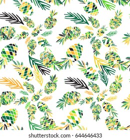 Fruits pattern with  pine apple, palm leaves. Hand drawn colorful vector seamless background for textile or book covers, manufacturing, wallpapers, print, gift wrap and scrapbooking.  Summer theme. 