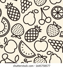 Fruits pattern. Seamless background with pineapple, grapes, apple, pear, cherry, quince, strawberry, melon, lemon and watermelon