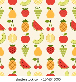Fruits pattern. Seamless background with pineapple, grapes, apple, pear, cherry, quince, strawberry, melon, lemon and watermelon
