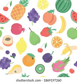 Patrón de frutas. Frutas y bayas tropicales sin foco, aguacate, sandía, naranja, fruta de dragón, qiwi.