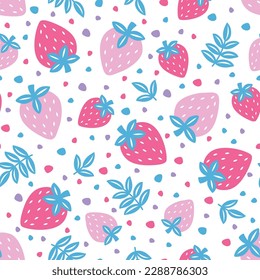 fruits pattern with strawberries and leaves on withe background