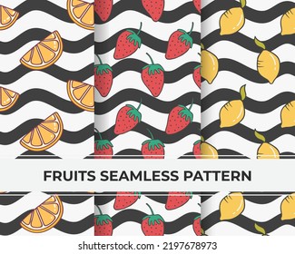 Fruits pattern, Fruits vector seamless pattern set. Fruits background with black line strokes. 
