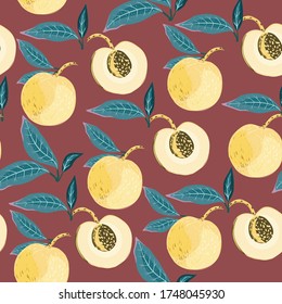 Fruits of peaches and apricot trees leaves on a brown, red brick color background. Seamless vector floral pattern. Square repeating design for fabric and wallpaper.