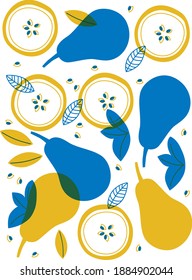 Fruits Pear, apple slice. Funny colored typography poster, apparel print design, bar menu decoration. Vector abstract cartoon illustration. Fruits lover concept. EPS 10. Isolated.