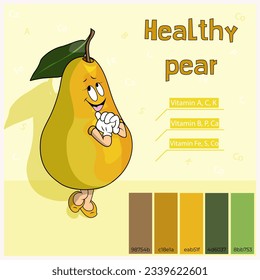 Fruits. Pear is tasty and healthy. Yellow color with arms and legs. Groovy style. Vitamin A, C, K, B, P, Ca, Fe, S, Co. Proper nutrition. Baby food.