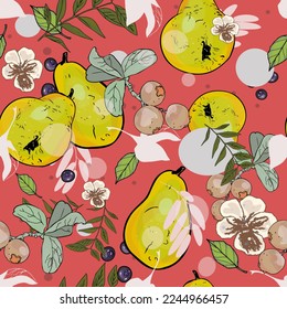 Fruits, pears background. Spring or summer pattern of fruits and berries on a red background. pear, strawberry and blueberry with leaves. vector illustration.health food