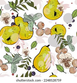Frutas, fondo de pera. Patrón primavera o verano de frutas y bayas en un fondo blanco. pera, fresa y arándano con hojas. ilustración vectorial.comida de salud