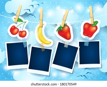 Fruits and photo frames on sky background, vector 