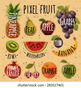 Fruits, pineapple, pear, apple, grapes, kiwi, watermelon, plum, banana, pomegranate, cherry, orange, apple drawing in pixel style on kraft