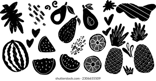 Fruits. Pineapple, watermelon, avocado. Exotic, vector grainy set of textural black elements for design, grunge jagged graphic patterns