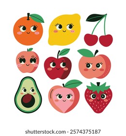 Fruits pins stickers , A set of cute fruits stickers design collectionsimple colorful, flat hand drawn childish doodle style