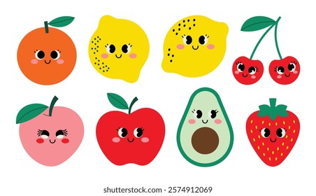 Fruits pins stickers , A set of cute fruits stickers design collectionsimple colorful, flat hand drawn childish doodle style