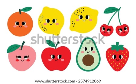 Fruits pins stickers , A set of cute fruits stickers design collectionsimple colorful, flat hand drawn childish doodle style