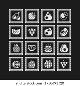 Fruits pixel art black and white icons set, berry, cherry, apple, pear, lemon, orange, banana, pineapple, grape and strawberry. Design for logo, sticker and mobile app. Isolated vector illustration.
