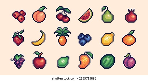 Juego de iconos de arte de píxeles de frutas. Colección del logo de Berries y plantas exóticas. Sprite de 8 bits. Desarrollo de juegos, aplicación móvil.  Ilustración vectorial aislada.