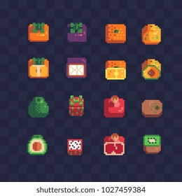 Fruits pixel art icons set apple persimmon mangosteen orange avocado pomegranate and kiwi isolated vector illustration. Design for stickers, logo, mobile app. 8-bit.
