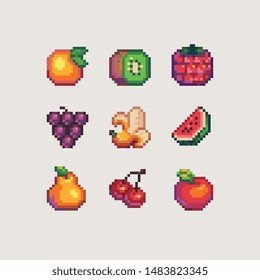 Fruits pixel art icons set, raspberries, banana, kiwi, peach, grapes, cherries and pear. Design for logo, sticker and mobile app. Isolated vector illustration.