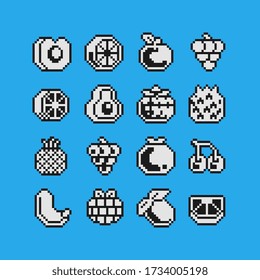 Fruits pixel art icons set, pineapple, apple, grape, pear, raspberry, cherry and banana. Design for logo, sticker and mobile app. Isolated vector illustration.