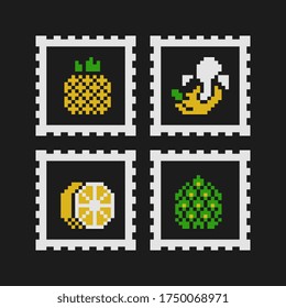 Fruits pixel art icons set, pineapple, banana and orange. Design for logo, sticker and mobile app. Isolated vector illustration.
