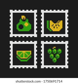 Fruits pixel art icons set, pear, lemon, orange slice. Design for logo, sticker and mobile app. Isolated vector illustration.