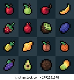 Fruits pixel art icons set. einzelne Vektorgrafik von Handysprites. Design für Aufkleber, Logo, mobile App. Das 8-Bit-Sprite-Blatt enthält: Apfel, Orange, Banane, Zitrone, Kokosnuss