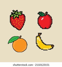 Fruits pixel art icons set apple orange strawberry banana isolated vector illustration.EPS 10