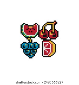 Fruits pixel art icons set, cherries, watermelon, grapes. Design for logo, sticker and mobile app. Isolated vector illustration.