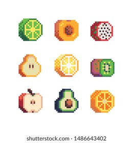 Fruits pixel art icons set,lime, peach, dragon, fruit, kiwi, pear, avocado, orange, lemon and apple. Design for logo, sticker and mobile app. Isolated vector illustration.
