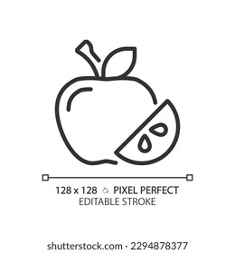 Fruits pixel perfect linear icon. Raw food. Healthy eating. Supermarket section. Vegan diet. Fresh produce. Thin line illustration. Contour symbol. Vector outline drawing. Editable stroke