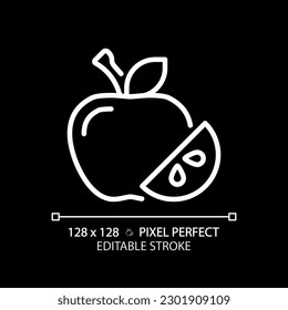 Fruits pixel perfect white linear icon for dark theme. Raw food. Healthy eating. Supermarket section. Vegan diet. Fresh produce. Thin line illustration. Isolated symbol for night mode. Editable stroke