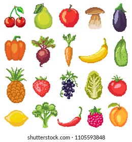 Fruits pixel vegetables vector healthy nutrition of fruity apple banana and vegetably carrot for vegetarians eating organic food illustration vegetated set diet isolated on white background