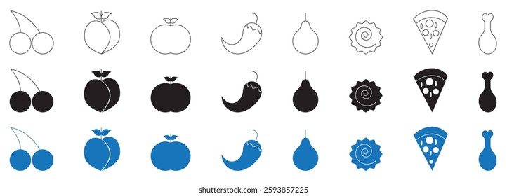 Fruits and pizza icons set