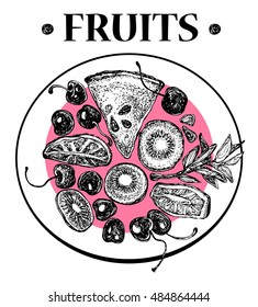 Fruits plate. Vector hand drawn graphic illustration. Sketchy style.