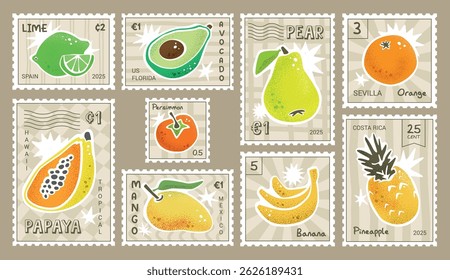 Fruits postage stamps. Vector vintage style design set. Hand-drawn mail postmark with exotic tropical fruits like papaya, lime, banana, persimmon, and pineapple. Bright and trendy cartoon stickers.
