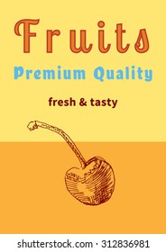 Fruits poster, flyer or template with cherry and text, in etching vintage comics sketch hand drawn style, for food advertising design. Vector