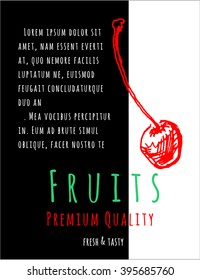 Fruits poster, flyer or template with cherry and text, in vintage sketch hand drawn style, for food advertising design