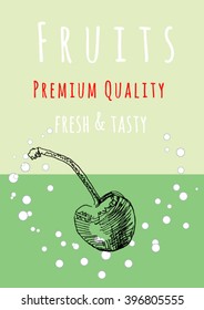 Fruits poster, flyer or template with cherry and text, in vintage sketch hand drawn style, for food advertising and business design