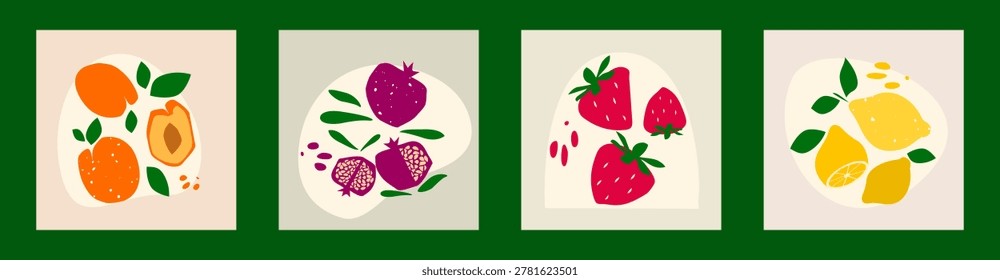 Fruits posters set. Bright summer fruits. Lemon, pear, strawberry, pomegranate and apricot.  Vector design elements. Green market, concept. 