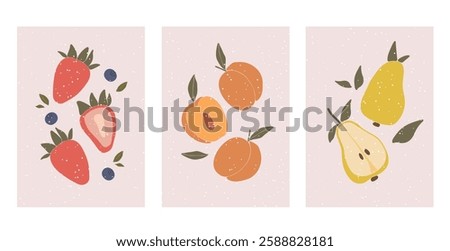 Fruits posters vector, kitchen posters design cartoon, fresh fruits, vegetables