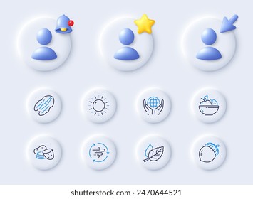 Fruits, Potato and Pecan nut line icons. Placeholder with 3d cursor, bell, star. Pack of Sun energy, Acorn, Leaf icon. Wind energy, Organic tested pictogram. For web app, printing. Vector