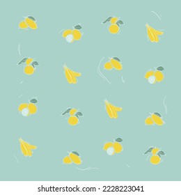 Fruits print pattern background in flat design with banana, orange, lime, and mango