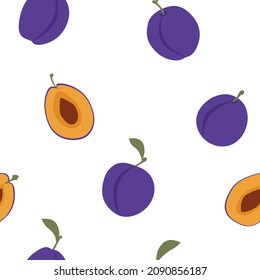 Früchte aus violetten Pflaumen. Nahtloses Muster, Vektorgrafik